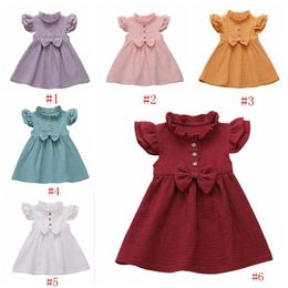 Abiti da neonata Vestito da principessa con fiocco increspato Vestito da principessa con maniche a mosca solidi Abiti patchwork Vestito da compleanno per feste estive per bambini