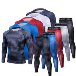 Men T shirts Trousers Set 2 Piece Mens Sportswear Compression Suit Joggers Fitness Base Layer Shirt Leggings Rashguard Clothes