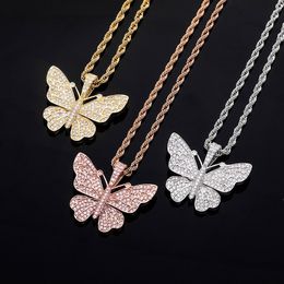 INS Hotsale Butterfly Necklace 18k Gold Plated Full CZ Buttefly Pendant Necklace with Free Rope Chain Necklace Nice Gift