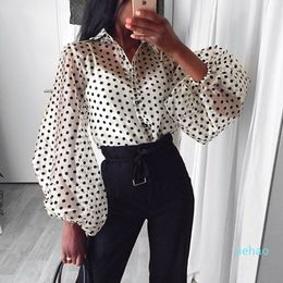 Fashion- Blouse Women Sexy Sheer Polka Dot Organza Blouse Top Perspective Puff Sleeve Blusas Women Shirts