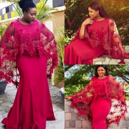 Red Lace Butterfly Shawl Evening Dresses Formal Elegant Long 2021 Plus Size Sheath Jewel Zipper African Prom Party Dress Cheap Long