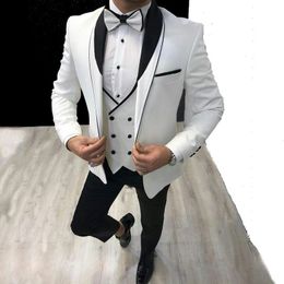 Popular One Button White Groom Tuxedos Shawl Lapel Groomsmen Mens Suits Wedding/Prom/Dinner Blazer (Jacket+Pants+Vest+Tie) K534