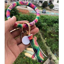 Multiple Styles Sun Flower Tie-Dyed Leather Wrap Tassels Bracelets Keychain Wristlet Bracelet Tassel Keychain Round Bangle Key Ring
