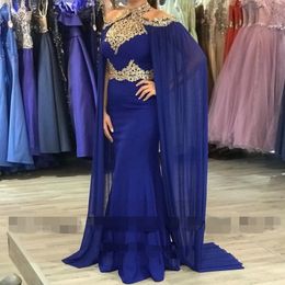 royal blue Halter gold Lace Long Women Prom Dresses Mermaid Chiffon Formal Evening Gowns with Watteau Train applique vestido de noche 2020
