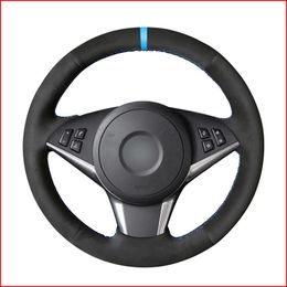 Black Suede Light Blue Marker Car Steering Wheel Cover for BMW E60 530d 545i 550i E61 2005-2009 E63 E64 630i 645Ci 650i