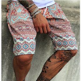 Homens Casual Shorts Verão New Masculino Impressão Mid-Cintura Mid-Cintura Hawaiian Beach Shorts Drawstring Masculino Respirável Rápido Secagem Curto