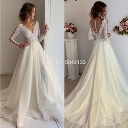 Bohemian Floor-Length Wedding Dress Sexy See Through Top Lace A Line Bridal Gowns Full Sleeves Floor Length with Beads Buttons Back