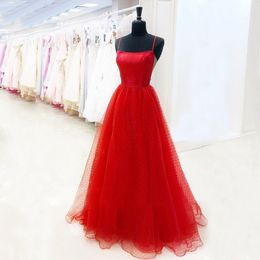 Tulle Prom Dresses Long vestidos de graduación Sexy Red Formal Evening Dress Plus Size Open Low Back Prom Gown Spaghetti Straps