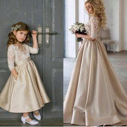 Champagne Satin Flower Girl Dresses For Wedding Lace Illusion Half Sleeves Boat Neckline Kids Party Prom Dress Little Girls Cheap Princess