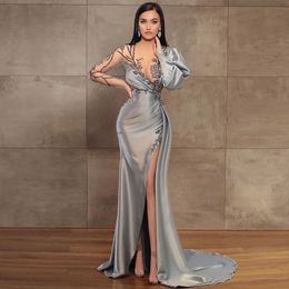 Sier Beaded Mermaid Long Sleeves Evening Dresses Sequined Sheer Bateau Neck Side Split Prom Gowns Plus Size Sweep Train Satin Formal Dress 415