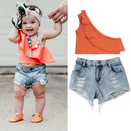 Mode Kinder Baby Mädchen aus Schulter Tops Shorts Ripped Jeans 2 stücke Set Rüschen Outfits mit Sommerkleidung 2-7Y