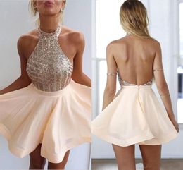 peaches homecoming dresses Australia - Cheap Blush Peach Halter Neck Homecoming Dresses Blingbling Sequins Bodice Backless Chiffon A-line Short Prom Evening Gowns