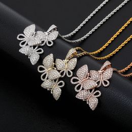 Hot Trendy Girls Women Necklace Gold Plated Bling CZ Butterfly Pendant Necklace with Free Rope Chain Necklace Nice Gift