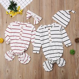 Baby Striped Sleeping Bags Long Sleeve Button Slepping Pack Infants Swaddle Headbands or Hat Set Toddler Burp Wrapped Photograph Props M2547