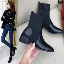 Woman Chunky heel Stretch Socks boots Black Ankle Boots Luxury sexy Slip-On Square Toe hight heel Fashion lady Martin Boots