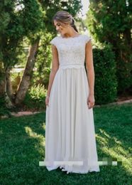 2020 New Lace Chiffon Boho Modest Wedding Dresses With Cap Sleeves Jewel round Neck A-line Informal Summer Beach Bridal Gowns LDS Wedding