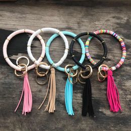 new arrival hot sale wholesale DIY handmade boho clay beads key ring large bracelet long suede tassel keychain