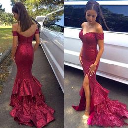 Dark Red Mermaid Prom Dresses Sexy Sequined Off Shoulder Evening Gowns Front Slit Sweep Train Cocktail Party Dress Cheap Custom Made