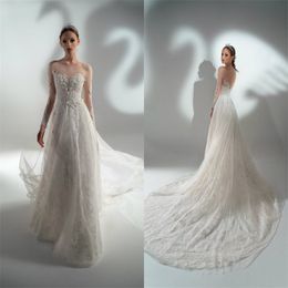 Elegant A-line Wedding Dresses Newest Jewel Sheer Lace Appliqued Bridal Gown Long Sleeves Sweep Train Custom Made Beach Boho Robes De Mariée