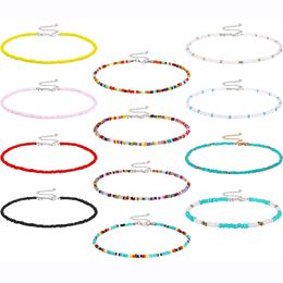 QIMOSHI 12PCS Boho Glass Seed Beads Choker Necklace Colourful Beaded Rainbown Beach Bead Choker Necklaces for Women