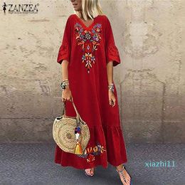 Hot Sale ZANZEA Long Maxi Dress Women Bohemian Floral Print Dresses Casual Ruffles Baggy Vestidos Long Shirts Summer Sundress Kaftan