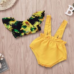 Infant Baby Girls Princess Clothes Summer Newborn Baby Girl Sunflower T-shirt Tops+Suspenders Shorts 2Pcs Outfits Clothes 3-18M BY1571