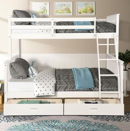 US STOCK MZY Twin Over Full Bunk Bed Furniture with Ladders Two Storage Drawers White Bedroom Furniture For Kids Adult LP000065KAA