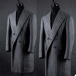 Dark Grey Woollen Men Coat Double Breasted Men Suits Tuxedos Peaked Lapel Blazer Long Suit One Piece