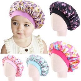 Kids Sleep Night Cap Floral Print Satin Bonnet Turban Hat Sleeping Beanie Chemo Headwear Hair Care Cover Children Headwarp Caps