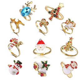 European and American Fashion Enamed Christmas Ring Womens 18K Gold Christmas Tree Bell Snowman Adjustable Ring Jewelry