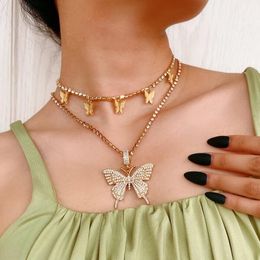 Fashion 2 pcs set Bling Bling Rhinestone Multi-Layer Butterfly Pendant Choker Necklace set for women doulbe chain neck chain