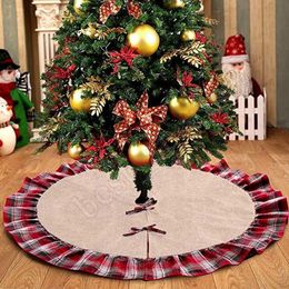 DHL Christmas Tree Skirts Bowknot Patchwork Decoraciones De Navidad Home Pad Red Lattices Linen Ornament Festival Christmas Decorations