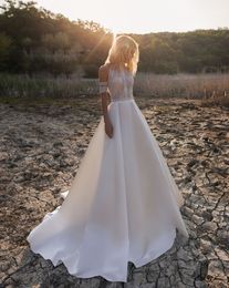 2021 Sexy Sheer Boho Beach Wedding Dresses A Line Short Sleeves Hollow Lace Satin Bohemian Country Bridal Wedding Gowns Custom Made