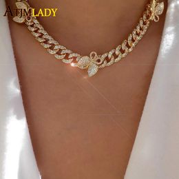 2020 iced out blinG cz 10mm Miami cuban link chain Butterfly charm choker necklace hip hop women luxury Silver Colour Jewellery