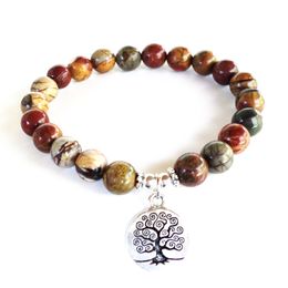 MG0839 8 mm Picasso Jasper Bracelet for Women New Design Tree Of Life Charm Yoga Mala Bracelet Energy Protection Jewelry