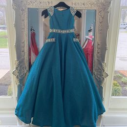 Glitter Fabric Girl Pageant Dress 2020 Metal Turquoise Long Pageant Gown for Infant Toddler Teens Beaded Pockets Lace-Up Back Cap Sleeves