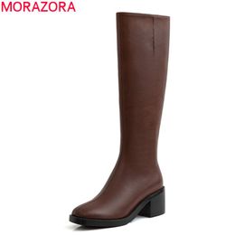 New genuine leather women boots thick high heels square toe ladies shoes black brown winter knee high boot