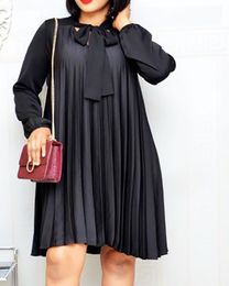 Plus Size Pleated Dresses with Bowtie Long Lantern Sleeves Knee Length Women Fashion Summer Autumn Female African Vestidos New MX200804