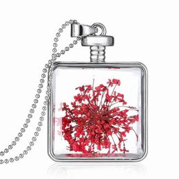 Silver Square Dry Flower Dried Flowers Locket Necklace Pendants Natural Plant Red Dried Flowers Necklaces For Women Jewellery 7 Colours