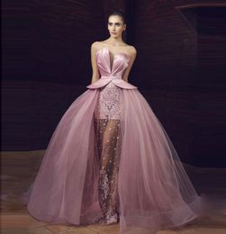 Dusty Pink Overskirts Prom Dresses Strapless See Through Beads Pearls Peplum Evening Dress Saudi Arabic Cocktail Gowns vestidos de fiesta