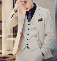 Excellent Beige Groom Tuxedos Notch Lapel Groomsman Wedding 3 Piece Suit Popular Men Business Prom Jacket Blazer(Jacket+Pants+Tie+Vest) 266