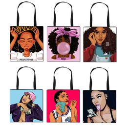 Ladies Printed Handbags New Style 58 Colors Afro Lady Cartoon Shopping Bag Portable Folding Messenger Bags Large Lady Shoulder Bag