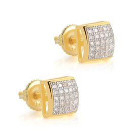 Anti-Allergic Men Women Silver Earrings Yellow Gold Plated Bling Cubic Zirconia LSquare Studs Earrings Jewelry Gift