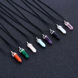 Hexagonal Column Quartz Necklaces turquoises Pink Crystal pendent Necklace For Women Leather Chain Natural Stone Choker Necklace