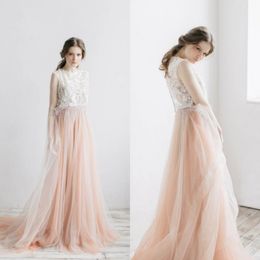 2021 Bohemian Wedding Dresses Sleeveless Lace Appliques Beach Bridal Gowns Custom Made Button Back Sweep Train A Line Boho Wedding Dress