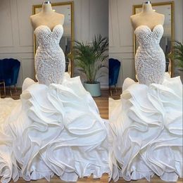 New Luxury African Mermaid Wedding Dresses Sweetheart Crystal Beads Organza Ruffles Tiered Chapel Train vestido de noiva Formal Bridal Dress