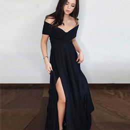 New Elegant Off the Shoulder V-Neck Long Evening Party Dress with Slit A-Line Chiffon Black Prom Dress