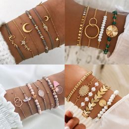 2021 New Gold Cuff Bracelet Female Cute Simple Moon Star Coin Pearl Braid Bead Bracelet Jewellery Set Hypoallergenic Gift
