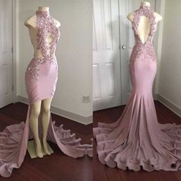 New Customize Pink High Neck Backless Mermaid Sexy Evening Dresses Lace High Low Satin Party Dress Robe De Soiree