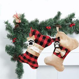 Plaid Christmas Gift Pet Socks Decorations Gift Bags Xmas Tree Hanging Pendant Holiday Party Ornaments